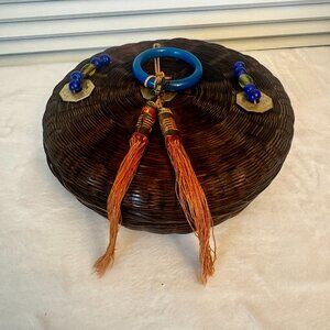 Vtg Chinese Round Woven Basket Lided Sewing 7.5" Peking Glass Beads Bangle Coins